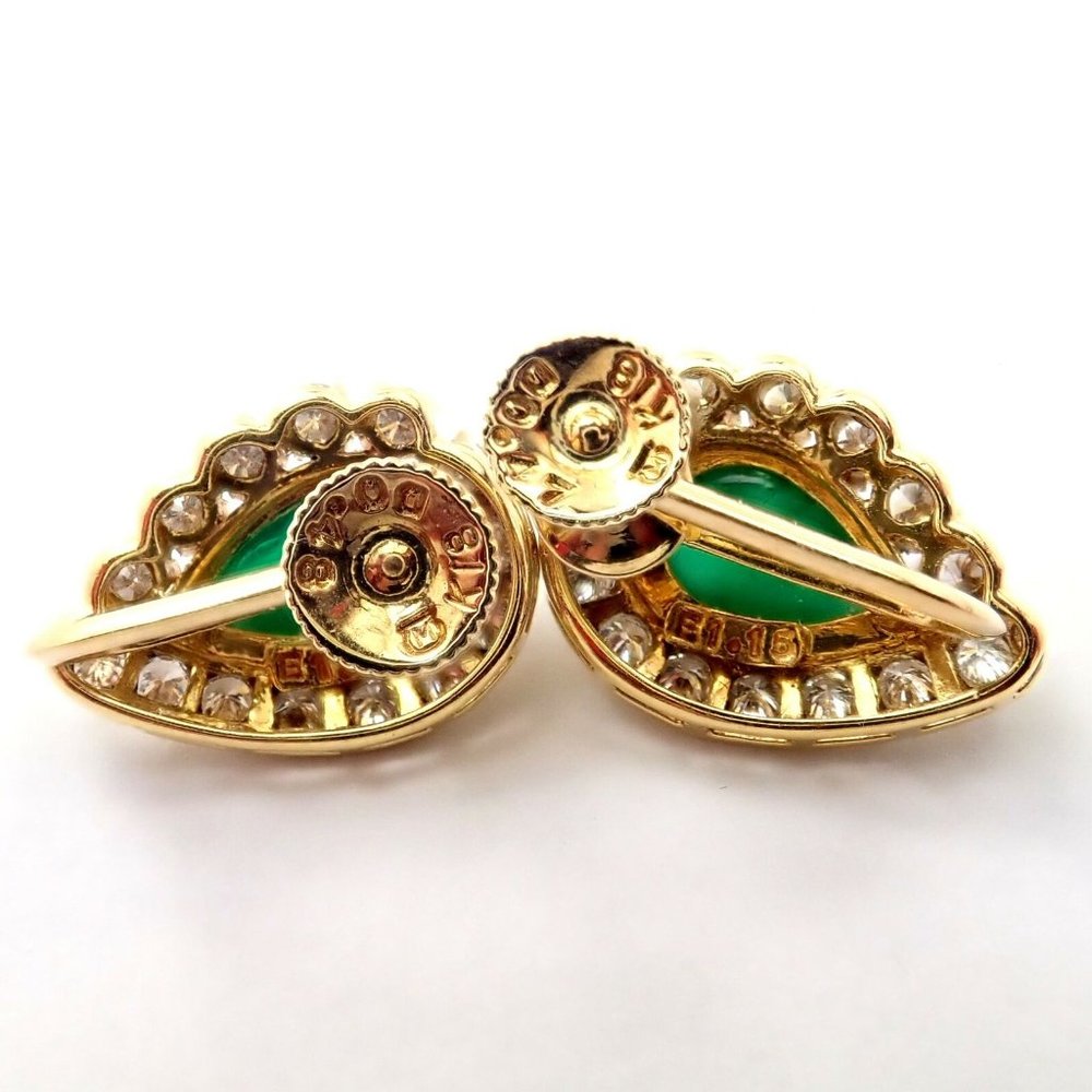 Authentic! Mikimoto 18k Yellow Gold Diamond Teardrop Emerald Screw Back Earrings - Picture 7 of 8